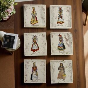 6 Vintage Hand Painted  Scandinavian Denmark‎ Folk Art Tiles Trivets Coasters
